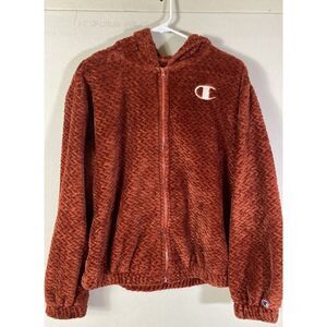 Champion large logo zip up hoodie Orange long sleeve‎ with pockets size Medium